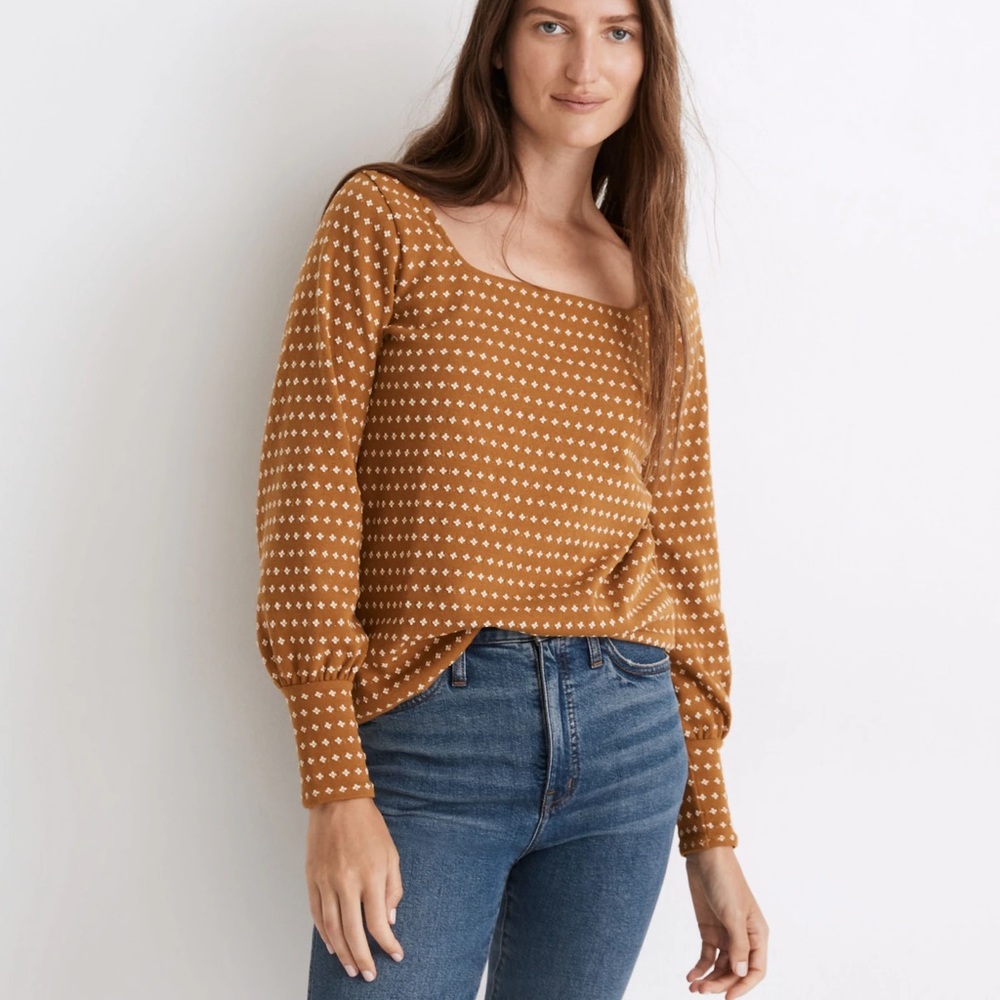 Madewell Square-Neck Polka Dot Long Sleeve Top